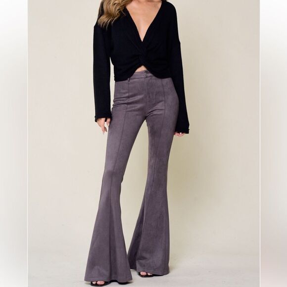 Seamed Gunmetal Gray Tailored Suede Bell Bottom Flare Pants - Picture 1 of 7